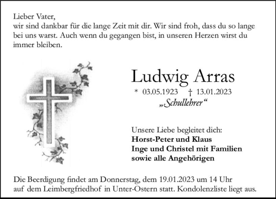 Traueranzeige von Ludwig Arras von Odenwälder Echo