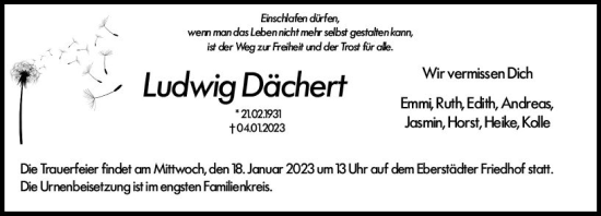 Traueranzeige von Ludwig Dächert von Darmstädter Echo