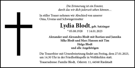 Traueranzeige von Lydia Blodt von Rüsselsheimer Echo