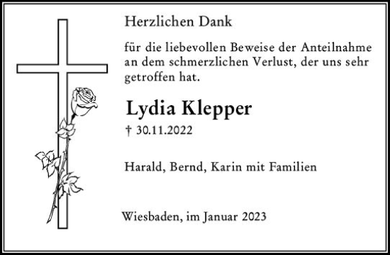 Traueranzeige von Lydia Klepper von Wiesbadener Kurier gesamt