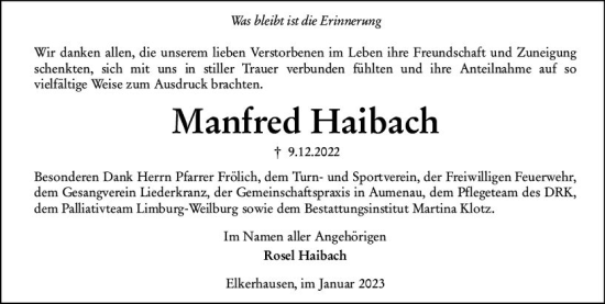 Traueranzeige von Manfred Haibach von Weilburger Tageblatt