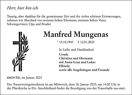 Traueranzeige von Manfred Mungenas von Nassauische Neue Presse