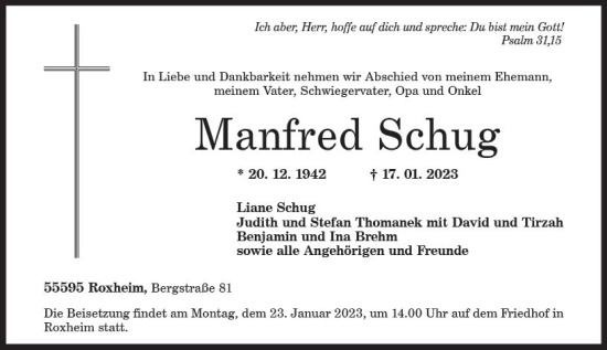 Traueranzeige von Manfred Schug von Allgemeine Zeitung Bad Kreuznach