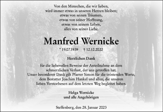 Traueranzeige von Manfred Wernicke von Hinterländer Anzeiger
