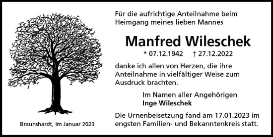 Traueranzeige von Manfred Wileschek von Darmstädter Echo