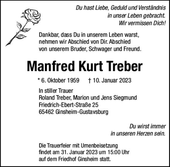 Traueranzeige von Manfred Kurt Treber von Rüsselsheimer Echo