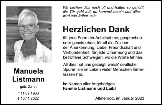 Traueranzeige von Manuela Listmann von VRM Trauer