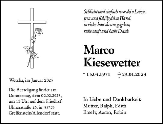 Traueranzeige von Marco Kisewetter von Wetzlarer Neue Zeitung