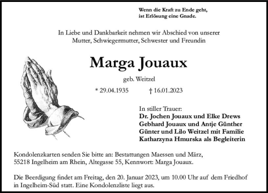 Traueranzeige von Marga Jouaux von Allgemeine Zeitung Ingelheim-Bingen