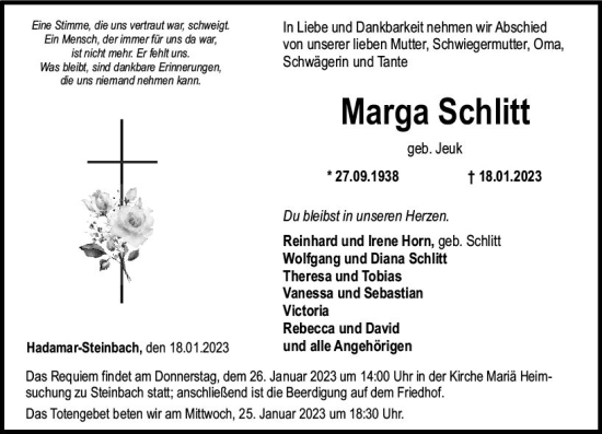 Traueranzeige von Marga Schlitt von Nassauische Neue Presse