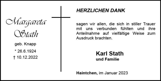 Traueranzeige von Margareta Stath von Camberger Anzeiger
