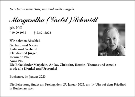 Traueranzeige von Margaretha Schmidt von Hinterländer Anzeiger