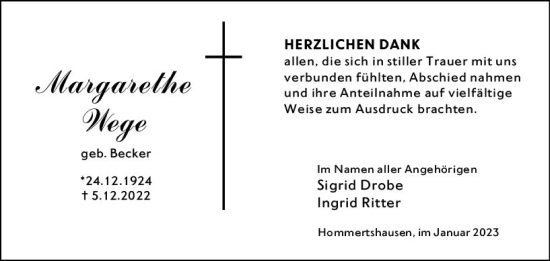 Traueranzeige von Margarethe Wege von Hinterländer Anzeiger
