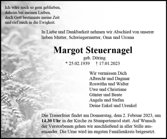 Traueranzeige von Margot Steuernagel von VRM Trauer