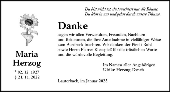 Traueranzeige von Maria Herzog von VRM Trauer