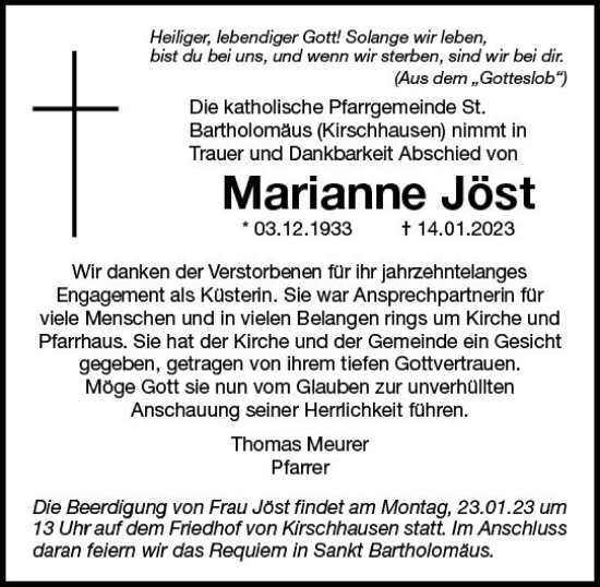 Traueranzeige von Marianne Jöst von Starkenburger Echo