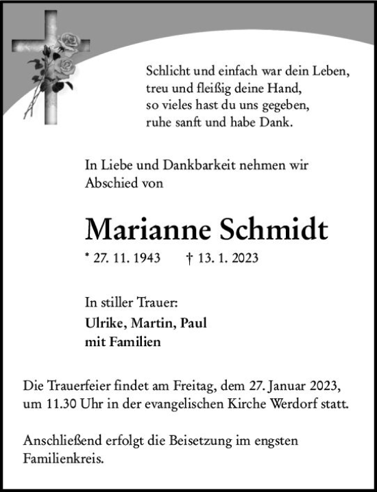 Traueranzeige von Marianne Schmidt von Wetzlarer Neue Zeitung