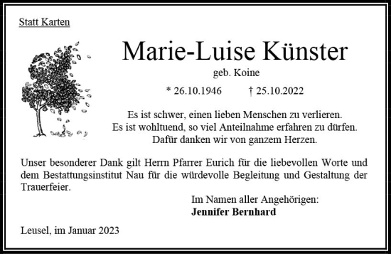 Traueranzeige von Marie-Luise Künster von OK Oberhessen Kurier
