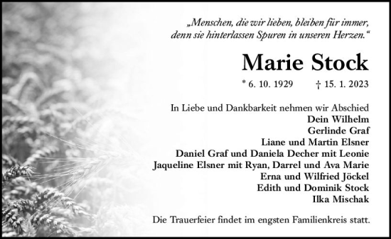 Traueranzeige von Marie Stock von VRM Trauer