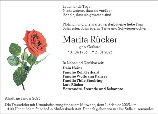 Traueranzeige von Marita Rücker von Wetzlarer Neue Zeitung