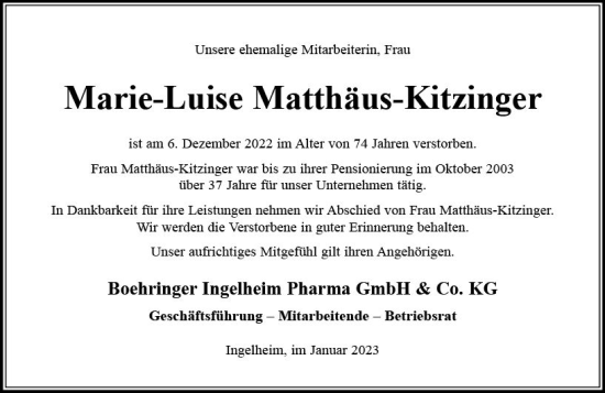 Traueranzeige von Mark-Luise Matthäus-Kitzinger von Allgemeine Zeitung Ingelheim-Bingen