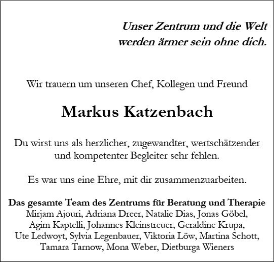 Traueranzeige von Markus Katzenbach von Wiesbadener Kurier gesamt