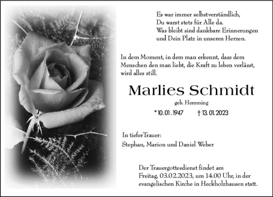 Traueranzeige von Marlies Schmidt von Weilburger Tageblatt
