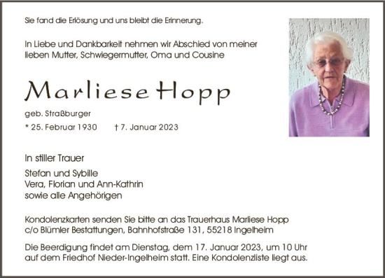 Traueranzeige von Marliese Hopp von Allgemeine Zeitung Ingelheim-Bingen