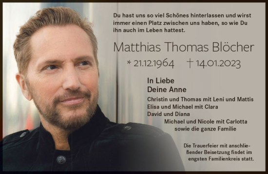 Traueranzeige von Matthias Thomas Blöcher von Hinterländer Anzeiger