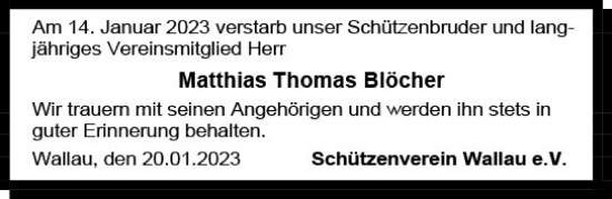 Traueranzeige von Matthias Thomas Blöcher von Hinterländer Anzeiger
