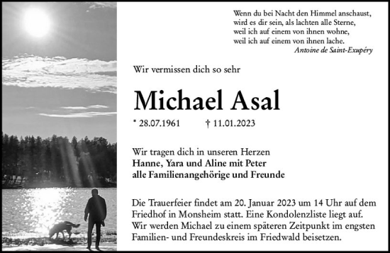 Traueranzeige von Michael Asal von Wormser Zeitung
