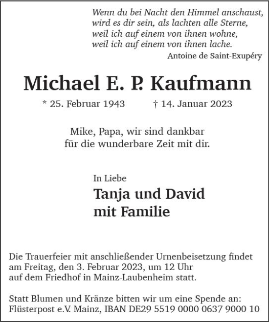 Traueranzeige von Michael E. P. Kaufmann von Allgemeine Zeitung Mainz