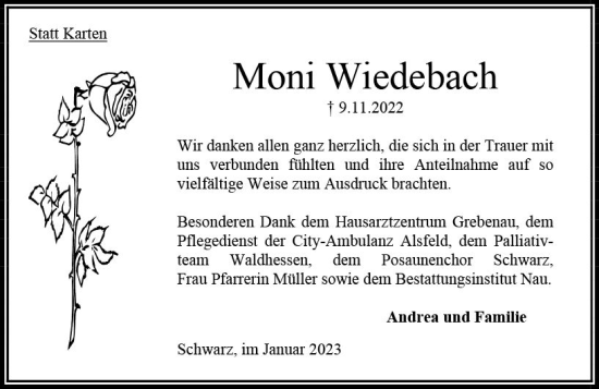 Traueranzeige von Moni Wiedebach von OK Oberhessen Kurier