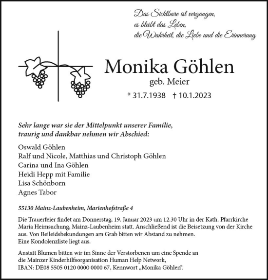 Traueranzeige von Monika Göhlen von Allgemeine Zeitung Mainz