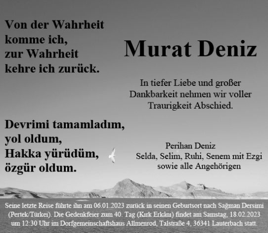 Traueranzeige von Murat Deniz von VRM Trauer