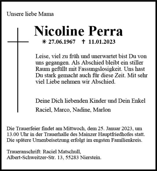 Traueranzeige von Nicoline Perra von Allgemeine Zeitung Mainz