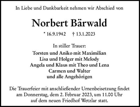 Traueranzeige von Norbert Bärwald von Wetzlarer Neue Zeitung