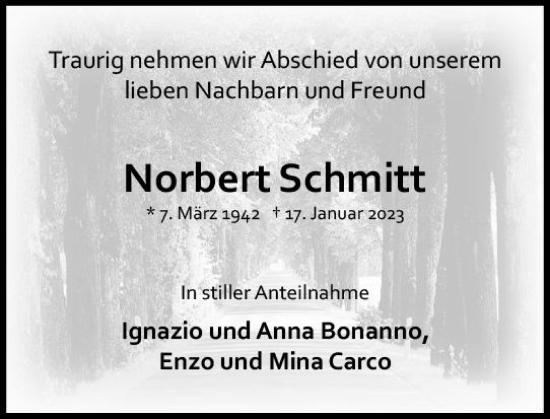 Traueranzeige von Norbert Schmitt von Allgemeine Zeitung Mainz