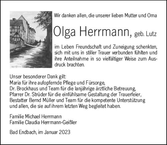 Traueranzeige von Olga Herrmann von Hinterländer Anzeiger