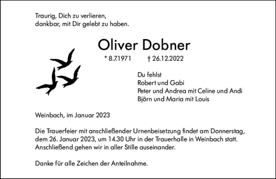 Traueranzeige von Oliver Dobner von Weilburger Tageblatt