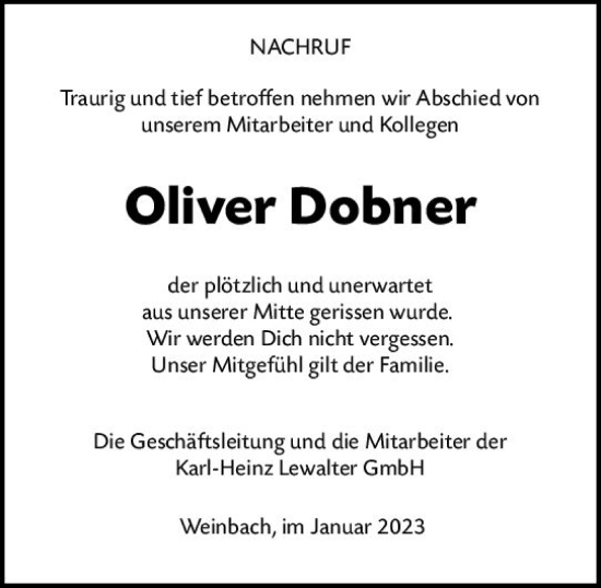 Traueranzeige von Oliver Dobner von Weilburger Tageblatt