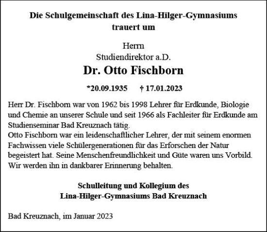 Traueranzeige von Otto Fischborn von Allgemeine Zeitung Bad Kreuznach