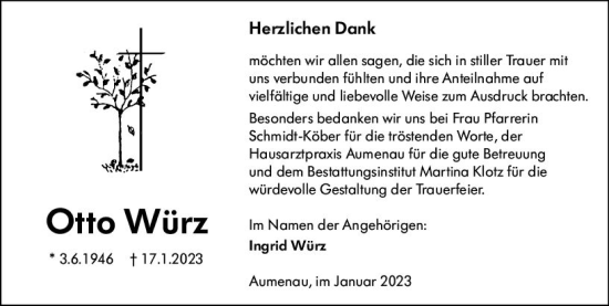Traueranzeige von Otto Würz von Weilburger Tageblatt