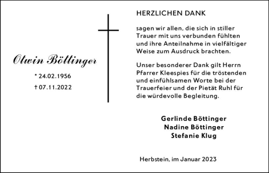Traueranzeige von Otwin Böttinger von OK Oberhessen Kurier