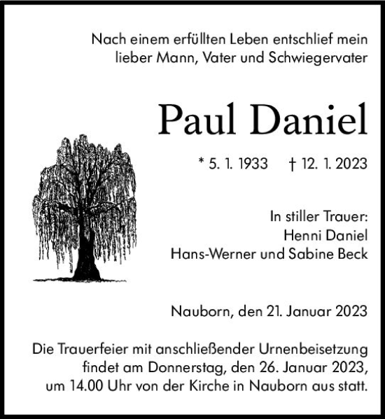 Traueranzeige von Paul Daniel von Wetzlarer Neue Zeitung