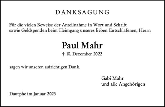 Traueranzeige von Paul Mahr von Hinterländer Anzeiger