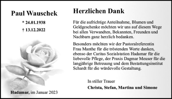 Traueranzeige von Paul Wauschek von Nassauische Neue Presse