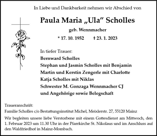 Traueranzeige von Paula Maria Scholles von Allgemeine Zeitung Mainz