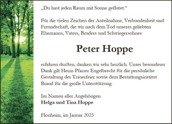 Traueranzeige von Peter Hoppe von Allgemeine Zeitung Alzey
