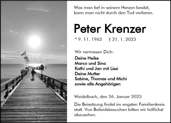 Traueranzeige von Peter Krenzer von Dill Block